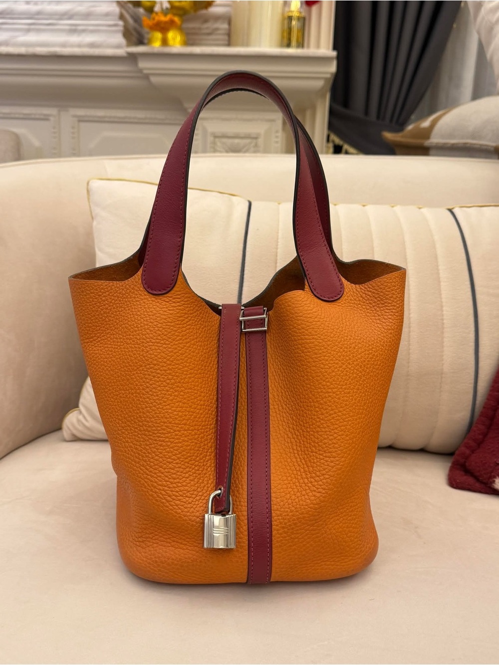Hermès Picotin 22 Orange and Burgundy Leather Tote Bag